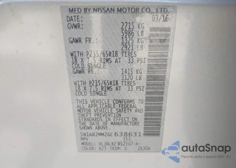 2016 Nissan Pathfinder Platinum/S/Sl/Sv из США, поврежденный, VIN 5N1AR2MM2GC638631